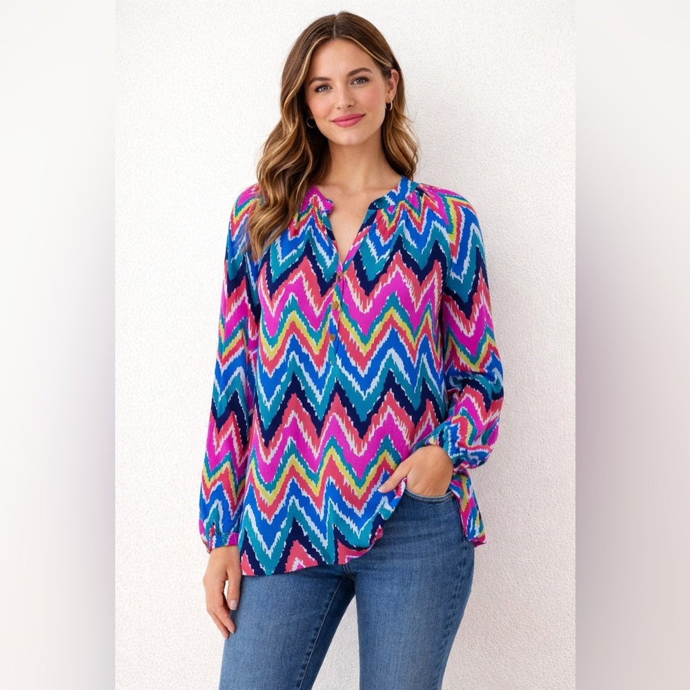 Lilly Pulitzer Elsa Silk Top Hearts A Flutter Chevron Zig Zag Size XS NWOT